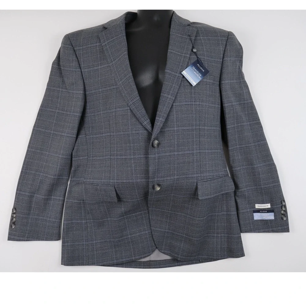 Jos A Bank Blazer Traveler Coolmotion Grey Glen Plaid 46R Wool Blend NWT 498